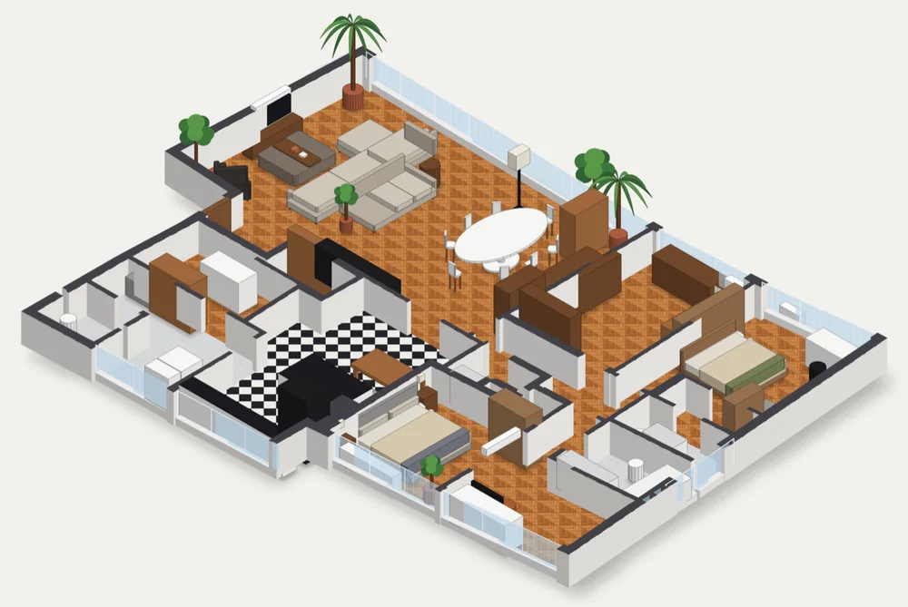 The apartment model, showing rooms and furniture to size.
