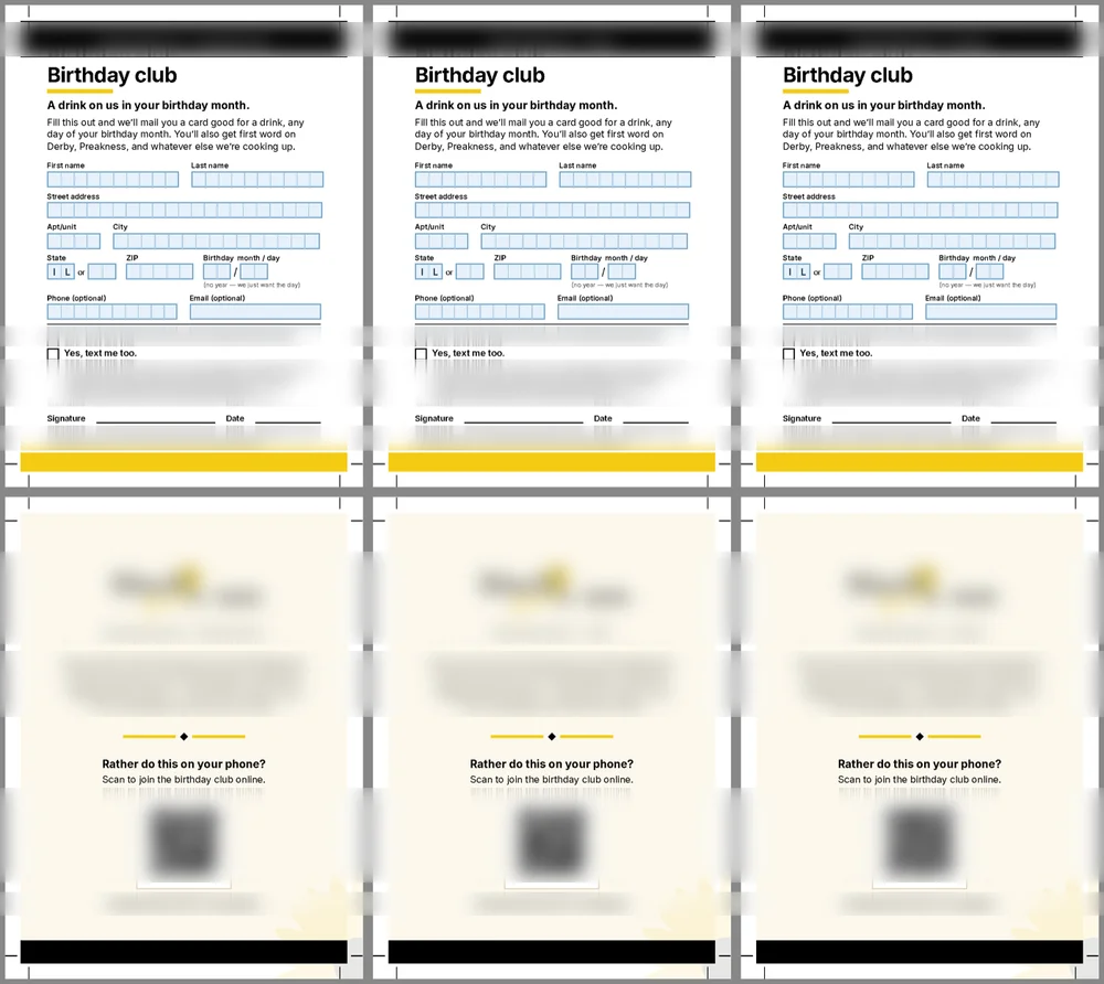Front and back print proofs for three locations, with names and identifying details blurred.